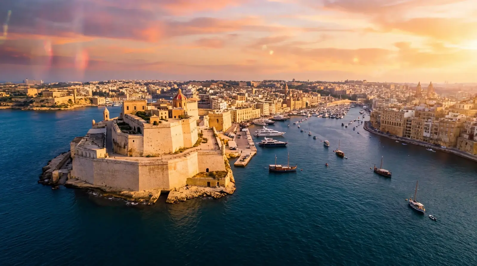 Aerial view of Valletta Grand Harbour Malta at sunset